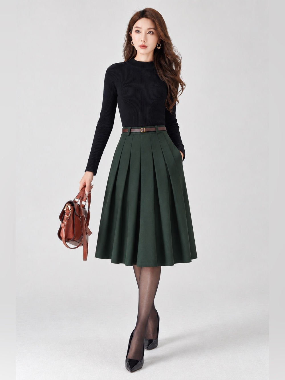 TULIP B | Dark Green Pleated Midi Skirt with Removable Brown Belt